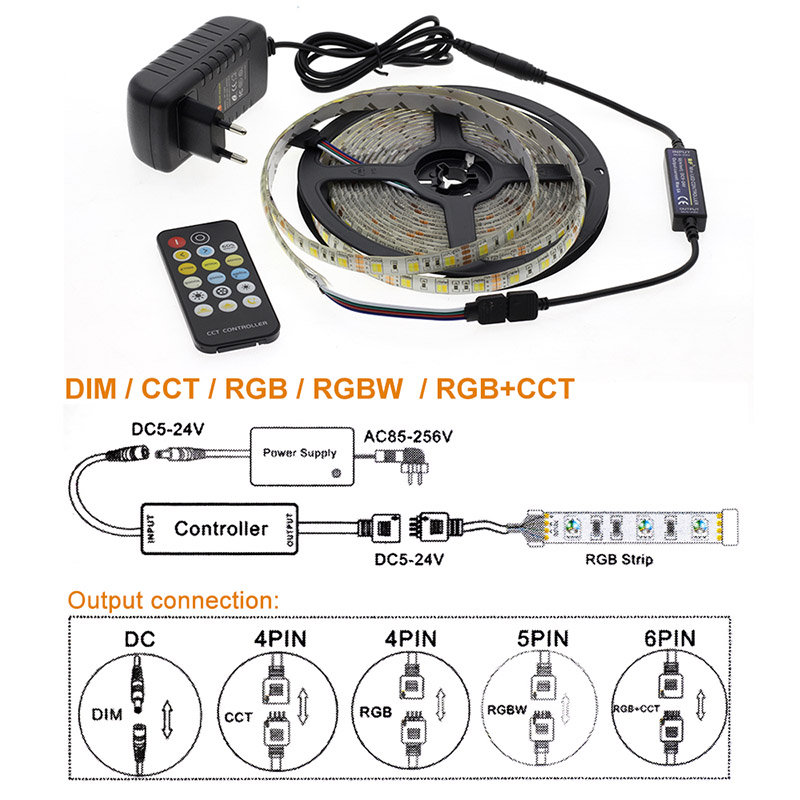 DC12V 16.4ft/5M SMD 5050 CCT（Warm White+Cold White） LED Light Strip Kit, With Mini RF Remote Controller, 60LEDs/M, Flexible Dimmable 2700K-6000K LED Light Strip